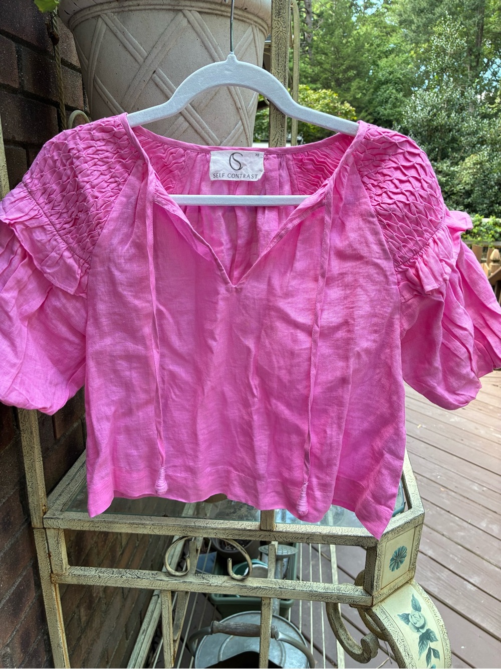 Anthropologie Women's Pink Smocked Sleeve V-Neck Top